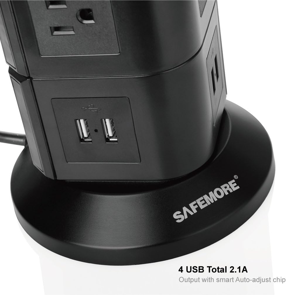 SAFEMORE 10 Outlet Power Strip Surge Protector with 4 USB Charger Ports, Convenient One-Way Push Button,Flexible Tower Power Strip with 6.5Ft Heavy Duty Extension Cord Black