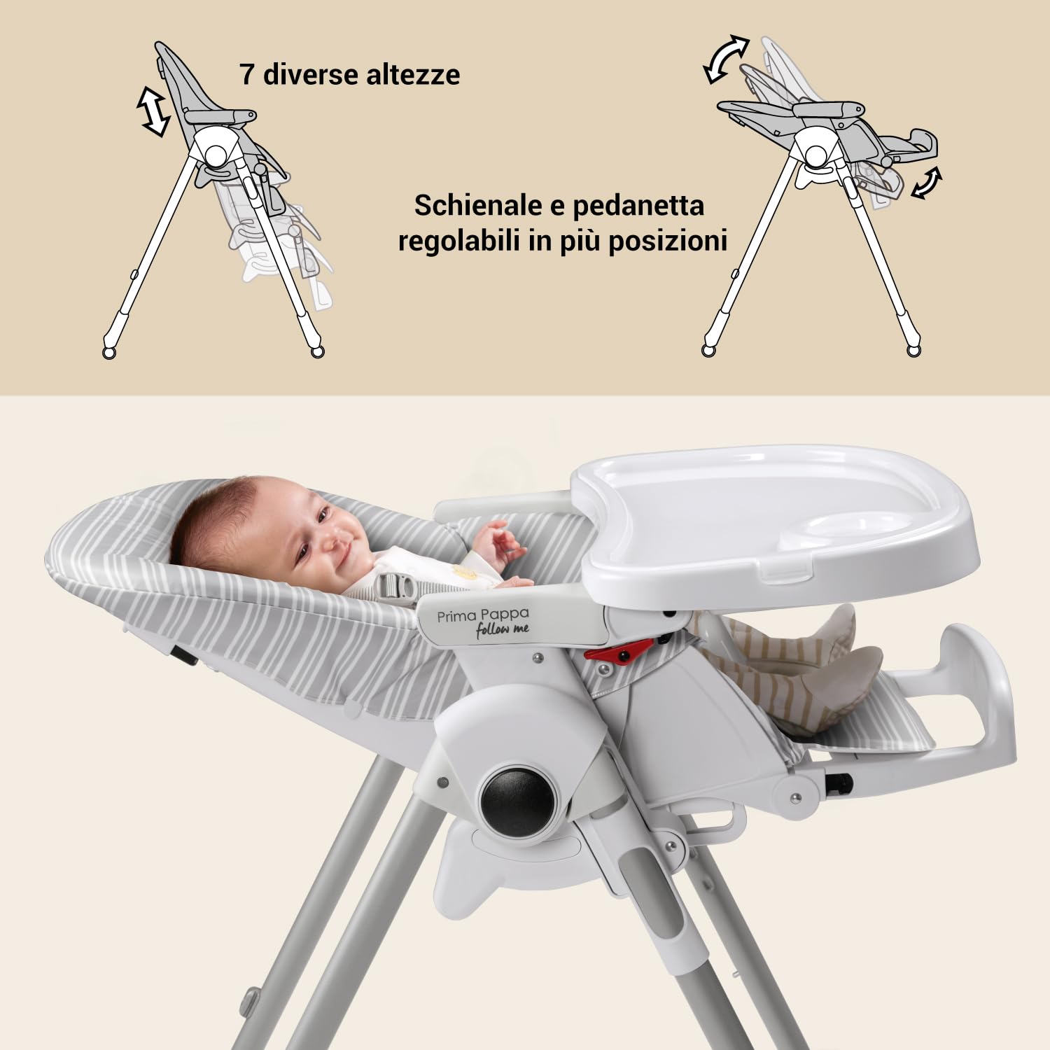 Peg Perego Prima Pappa Follow Me Seggiolone Pappa Neonati Reclinabile, Funzione Sdraietta, 4 ruote, Pieghevole e Ultracompatto, per Bambini da 0 a 3 Anni (0-15 kg), Linear Grey