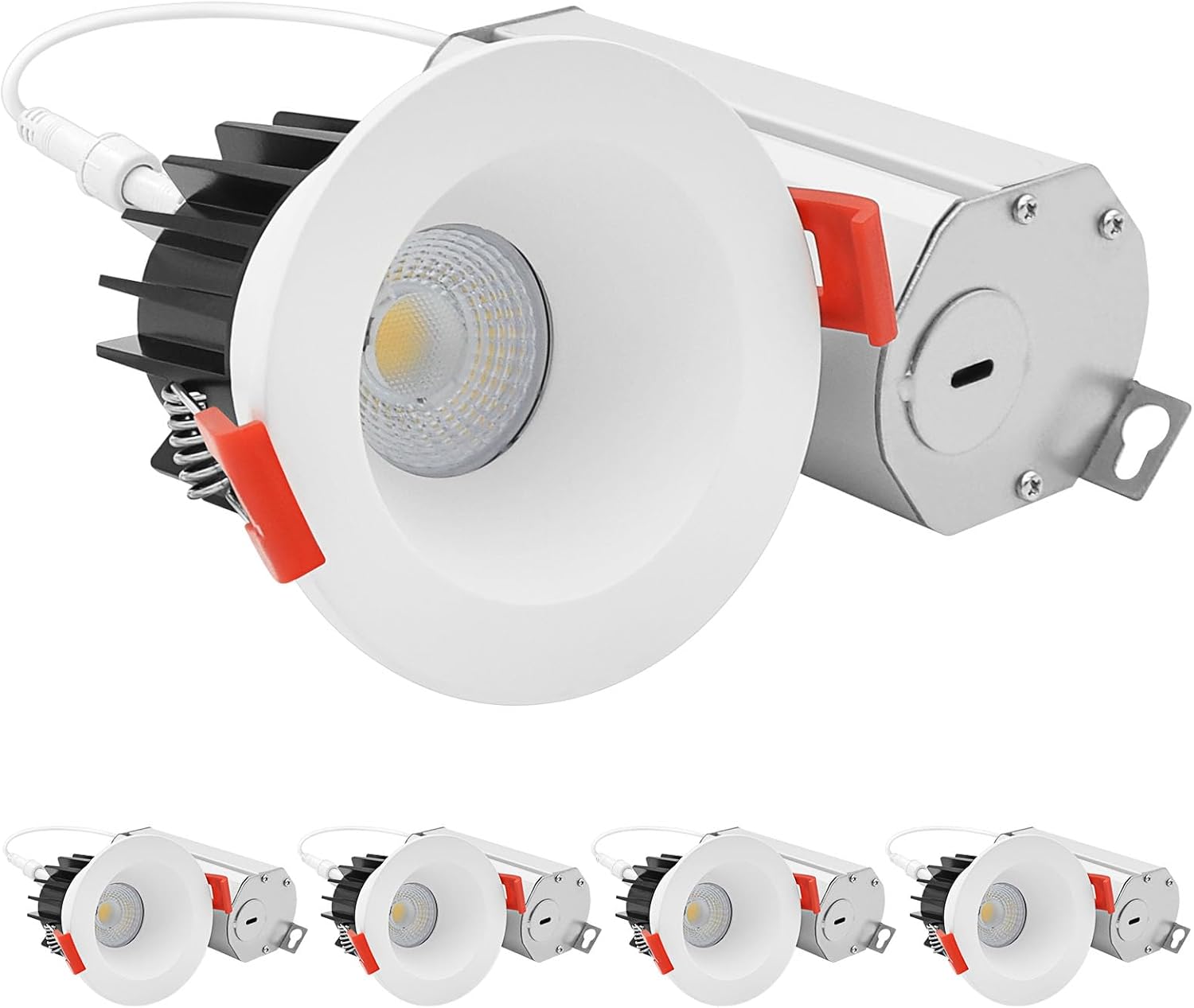 LUXRITE 2 Inch LED Recessed Spotlight with Interchangeable Trim, J-Box, 8W, 600 Lumens, 5CCT 2700K-5000K, Downlight, 60° Beam, Dimmable, Twist N’ Lock, CRI 90, Wet Rated, IC Rated, White (4 Pack)