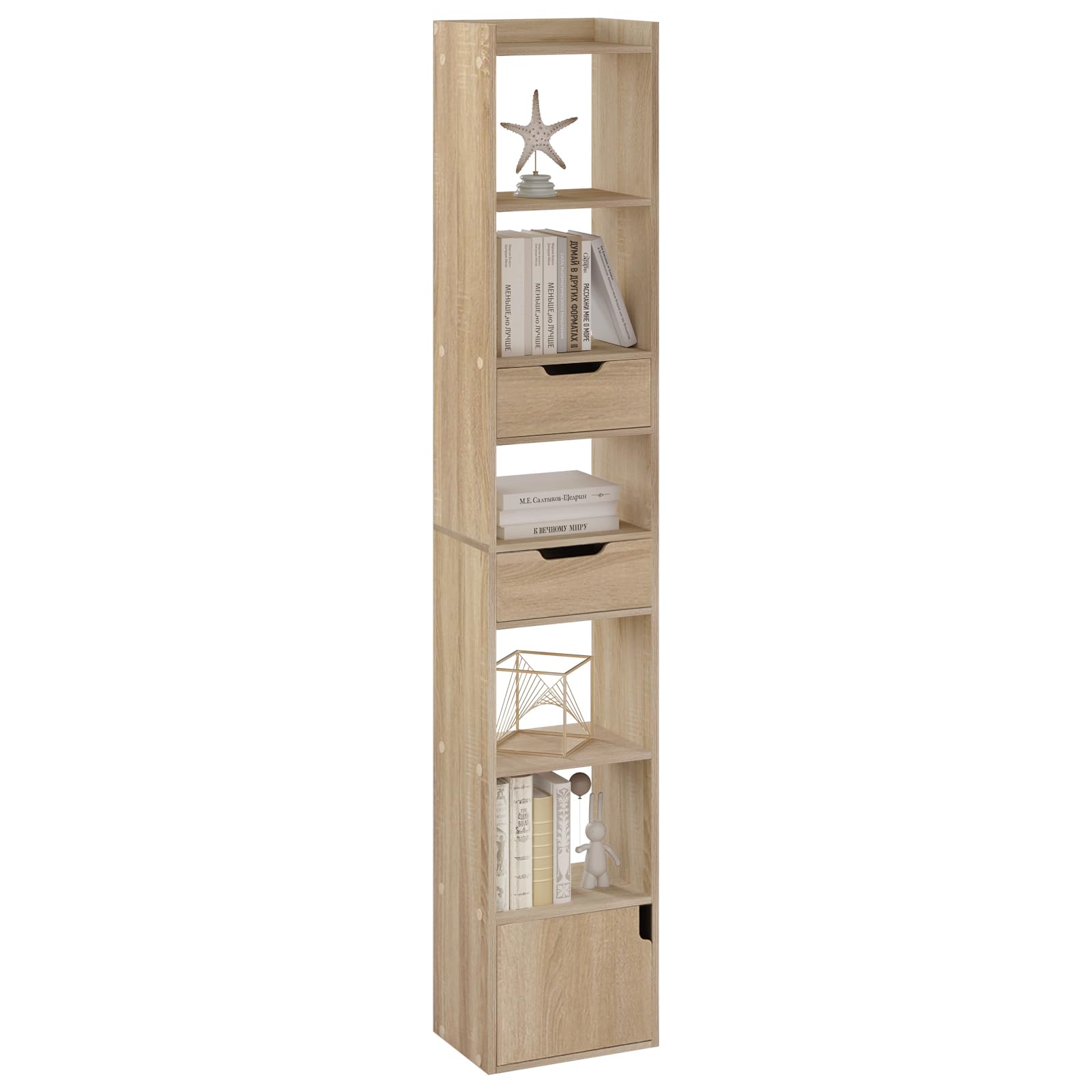 WOLTU Libreria Verticale Autoportante, Scaffale Salvaspazio, Libreria Stretta e Alta, con 2 Cassetti, 6 Ripiani Aperti e 1 Scomparto con Anta, in Legno, Rovere Chiaro, SK042hei
