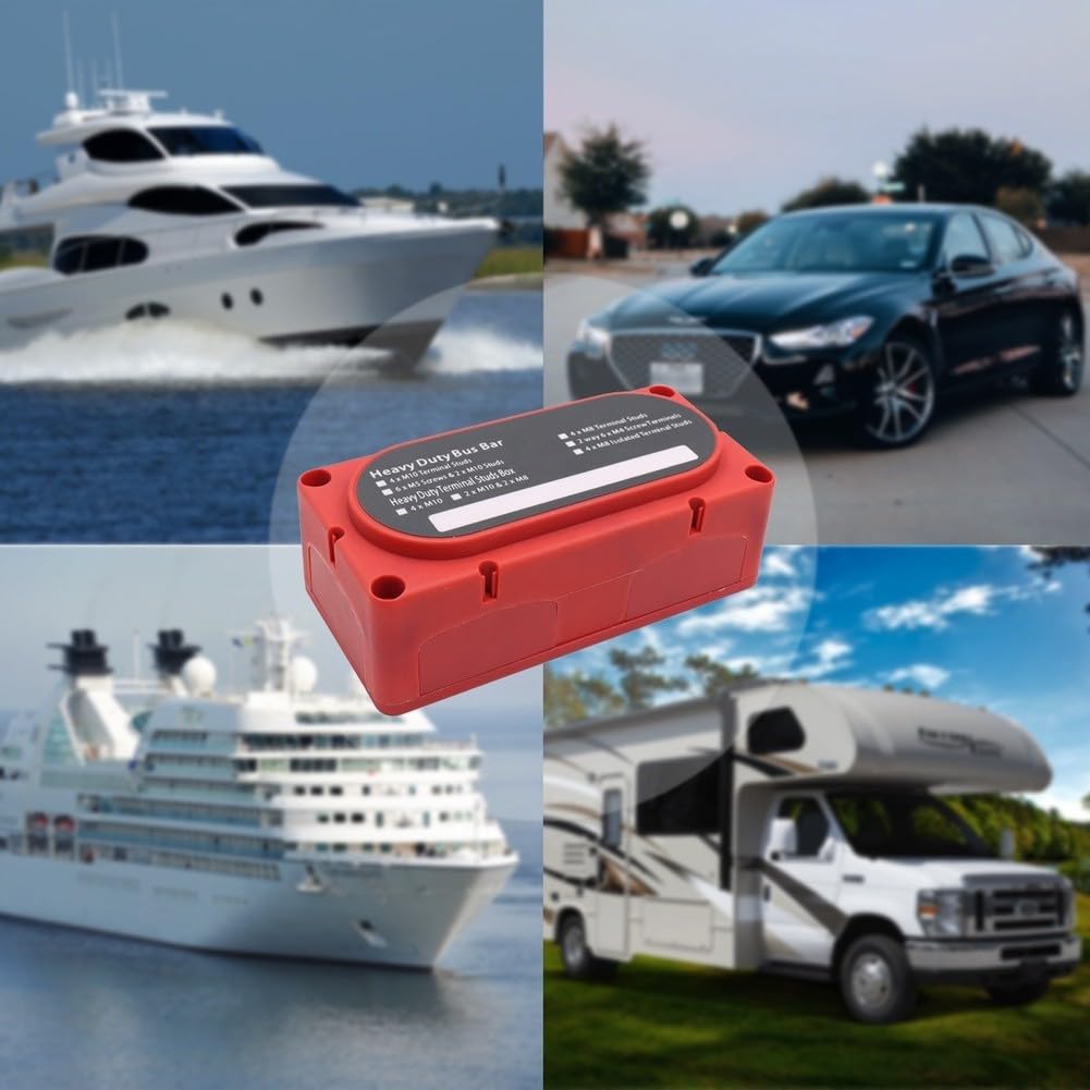 4-Wege-Sammelschienenklemmenblock, Kupfer-Sammelschienenkasten in Marinequalität mit M10 M8 Bolzen für Wohnmobil, Yacht, elektrische Verteilung (rot M10)