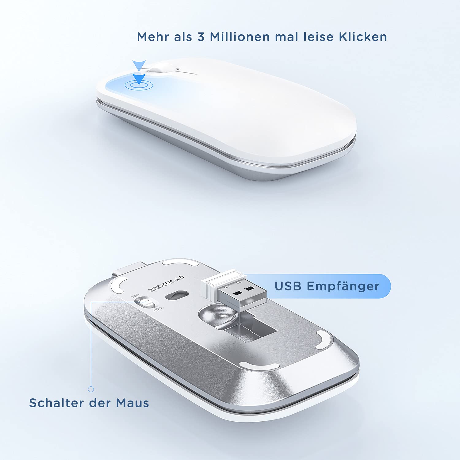 seenda Kabelloses Tastatur Maus Set, 2.4G Ultraflach Wireless Tastatur und Maus Aufladbar aus Aluminium, Deutsch QWERTZ, Weiß Silber