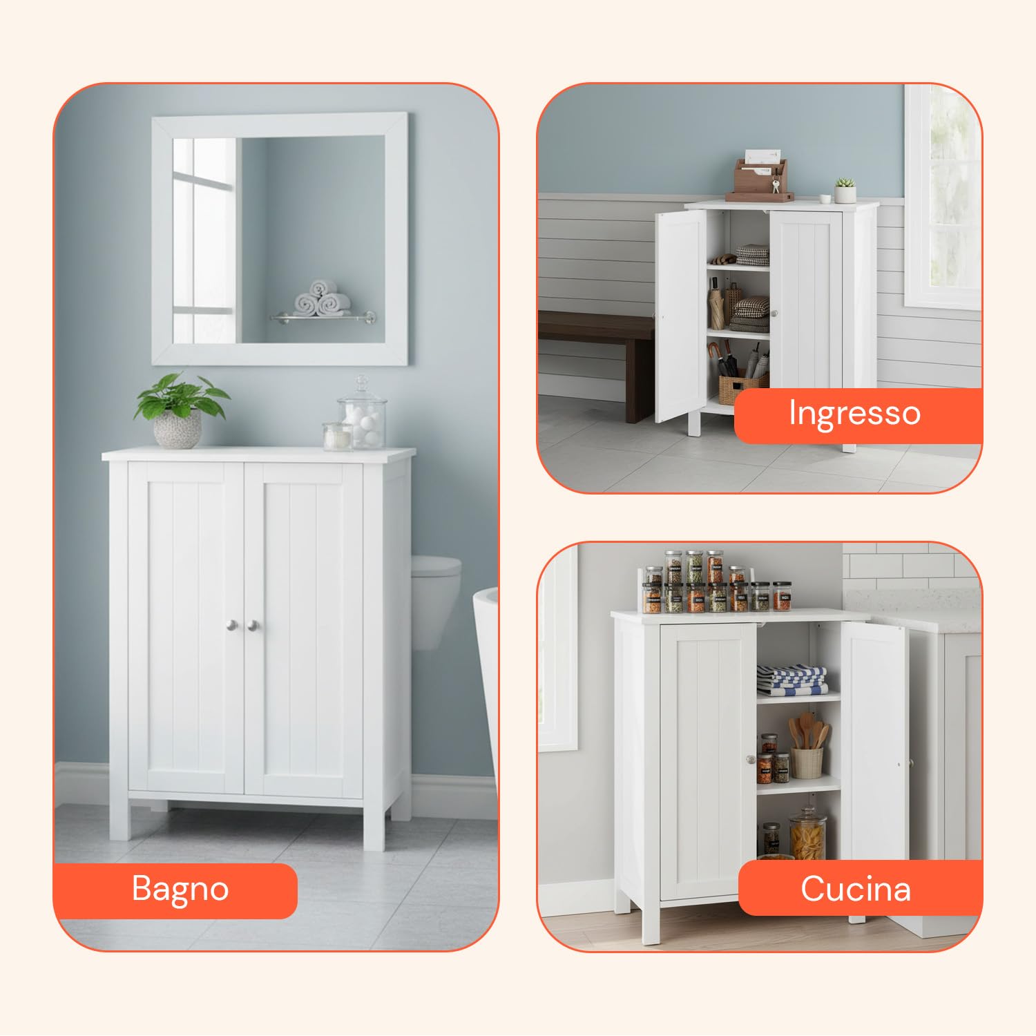 Avilia - Mobiletto Bagno Salvaspazio in MDF con 3 Ripiani Regolabili e 2 Ante con Chiusura Magnetica, Armadietto Multiuso Compatto per Organizzare Casa, Ideale per Bagno Cucina o Ingresso