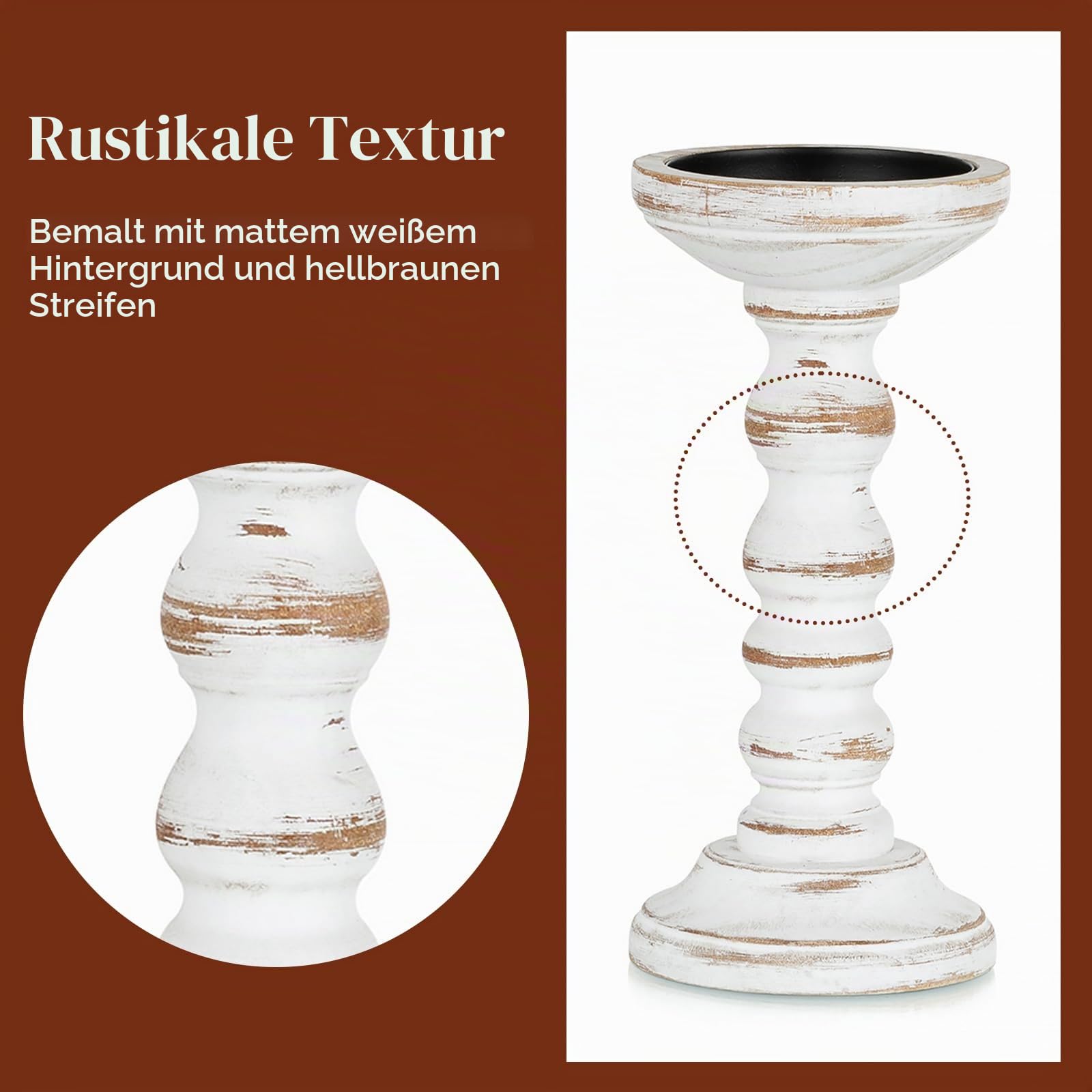 Candeldo Kerzenständer Holz Vintage Deko: 3 Stück Kerzenhalter Stumpenkerzen Wohnzimmer Tischdeko Groß Kerzenständer Dekoration Esstisch Weihnachten (braun + weiß)