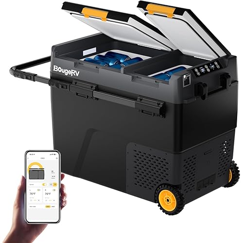 BougeRV 12 Volt Car Refrigerator, CRD2 61 Quart Portable Fridge Freezer with APP Control, -4℉ to 68℉ Dual Zone Compressor Electric Cooler 12/24V DC, 110~240V AC for Overlanding, Camping, RV, Truck