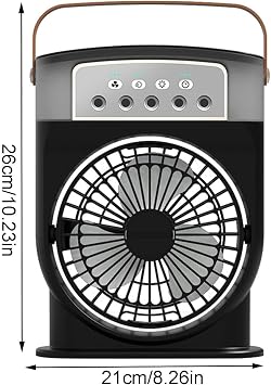 Coverzone Şarjlı Mini Buharlı Hava Soğutucu, Taşınabilir Portatif Mobil Sulu Klima, 3 Rüzgar Hızı, 3 Sis Modu, Buzlu Vantilatör 5 Sprey Delikli ile LED Işıklı 26cm x 20cm - CRV-002 (CRV-002 - Siyah) [Enerji Sınıfı A+]