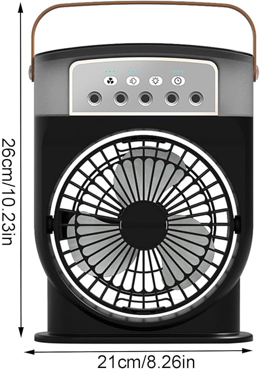 Coverzone Şarjlı Mini Buharlı Hava Soğutucu, Taşınabilir Portatif Mobil Sulu Klima, 3 Rüzgar Hızı, 3 Sis Modu, Buzlu Vantilatör 5 Sprey Delikli ile LED Işıklı 26cm x 20cm - CRV-002 (CRV-002 - Siyah) [Enerji Sınıfı A+]