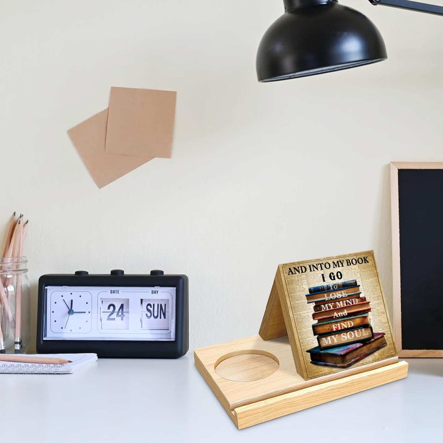 Retro Books Painting Wooden Triangle Book Holder,Bookmark with Coffee Cup Holder,Book Stand for Page Rest,Night Stand Book Reading Rest with Slotted Reading Presents for Book Clubs