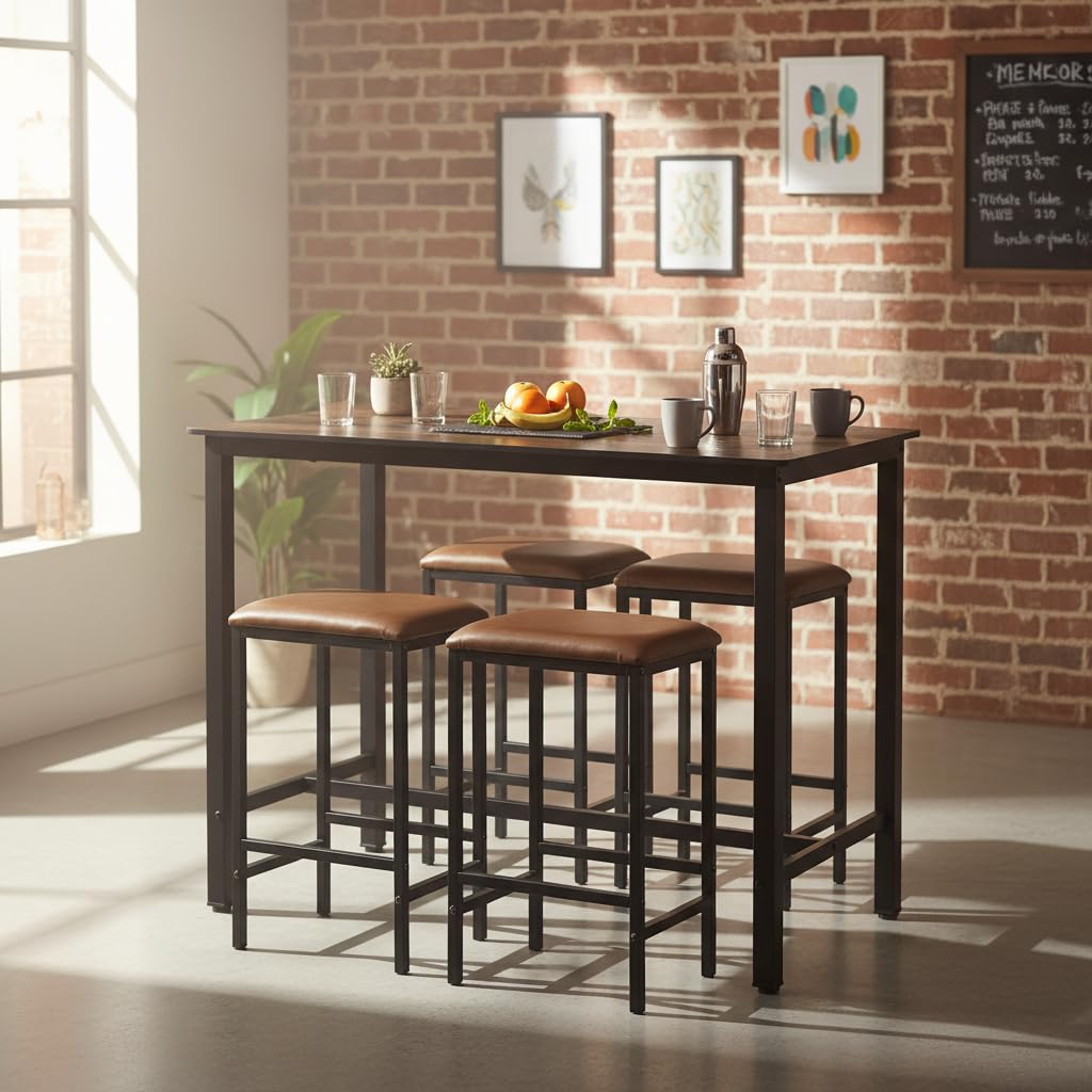 Ensemble table de bar marron avec 4 tabourets de bar et table à manger - Table de cuisine avec chaises - 120 x 60 x 90,5 cm
