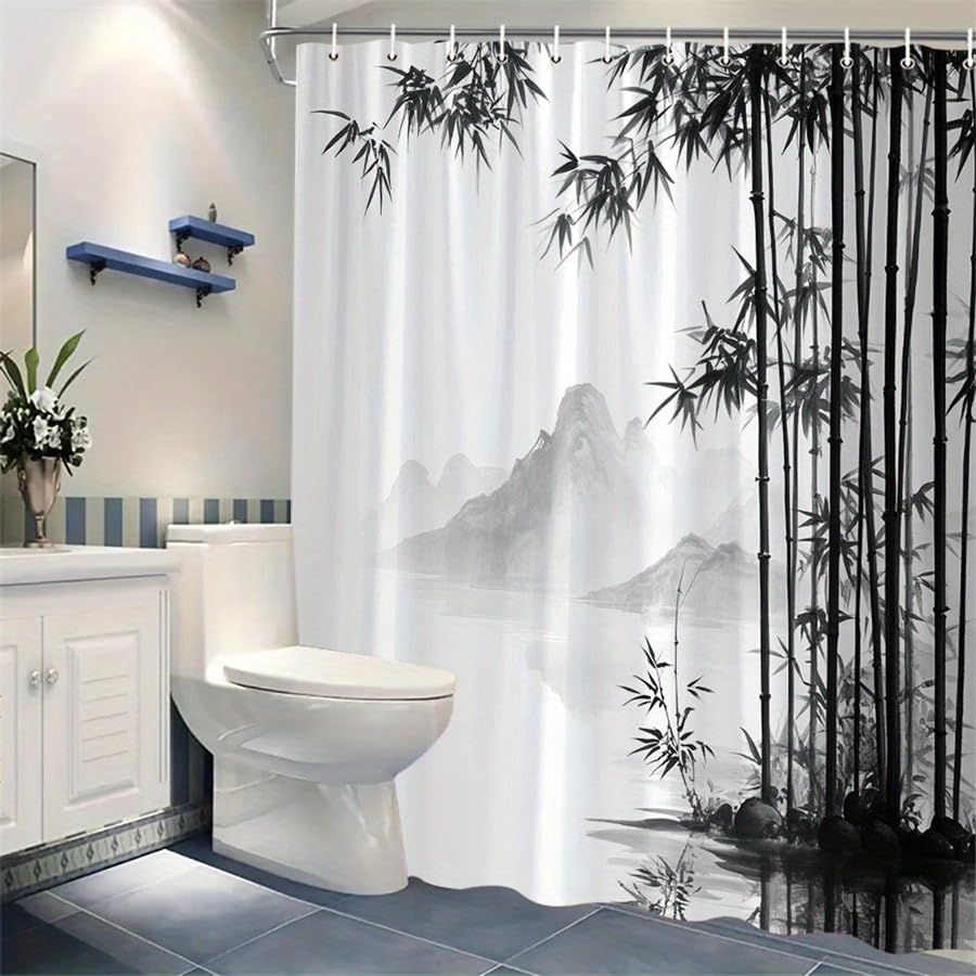 Rideau de douche imperméable noir et blanc 120 x 210 cm avec crochets de douche