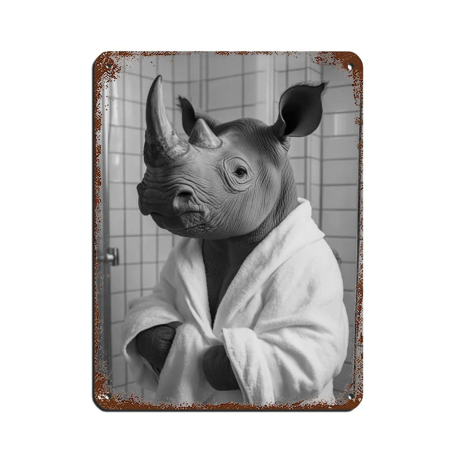 Rhino in A Bathrobe, Funny Bathroom Art Tin Sign Vintage Metal Pub Club Cafe Bar Home Wall Art Decoration Poster Retro 12x16inch(30x40cm)