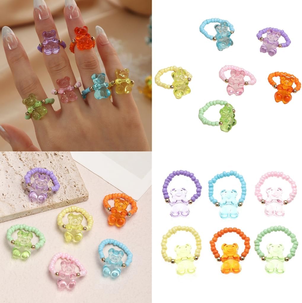 6pcs Beaded Bear Rings Jewelry Comfortable Finger Rings for Special Occasions