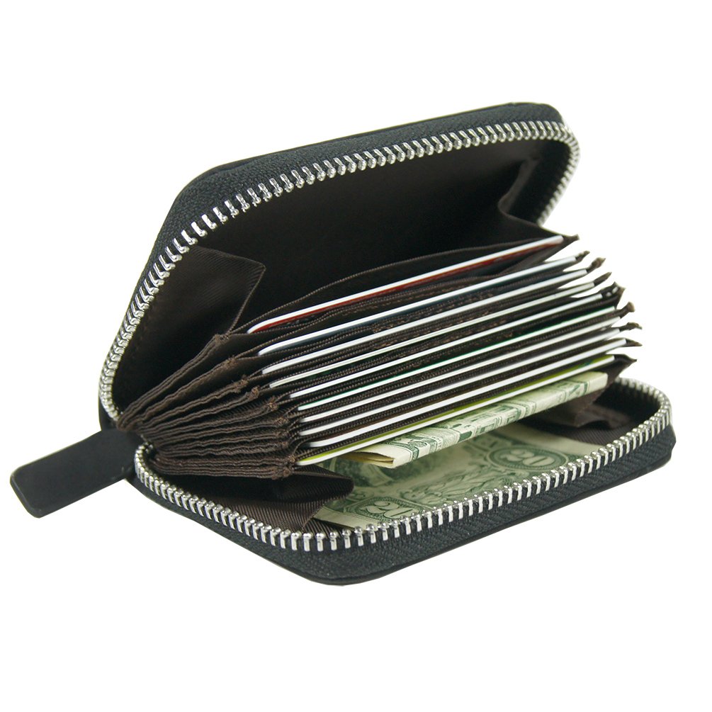 Leather Slim RFID Blocking Coin Pouch Purse Credit Card Case Holder Wallet With Zipper (Black)