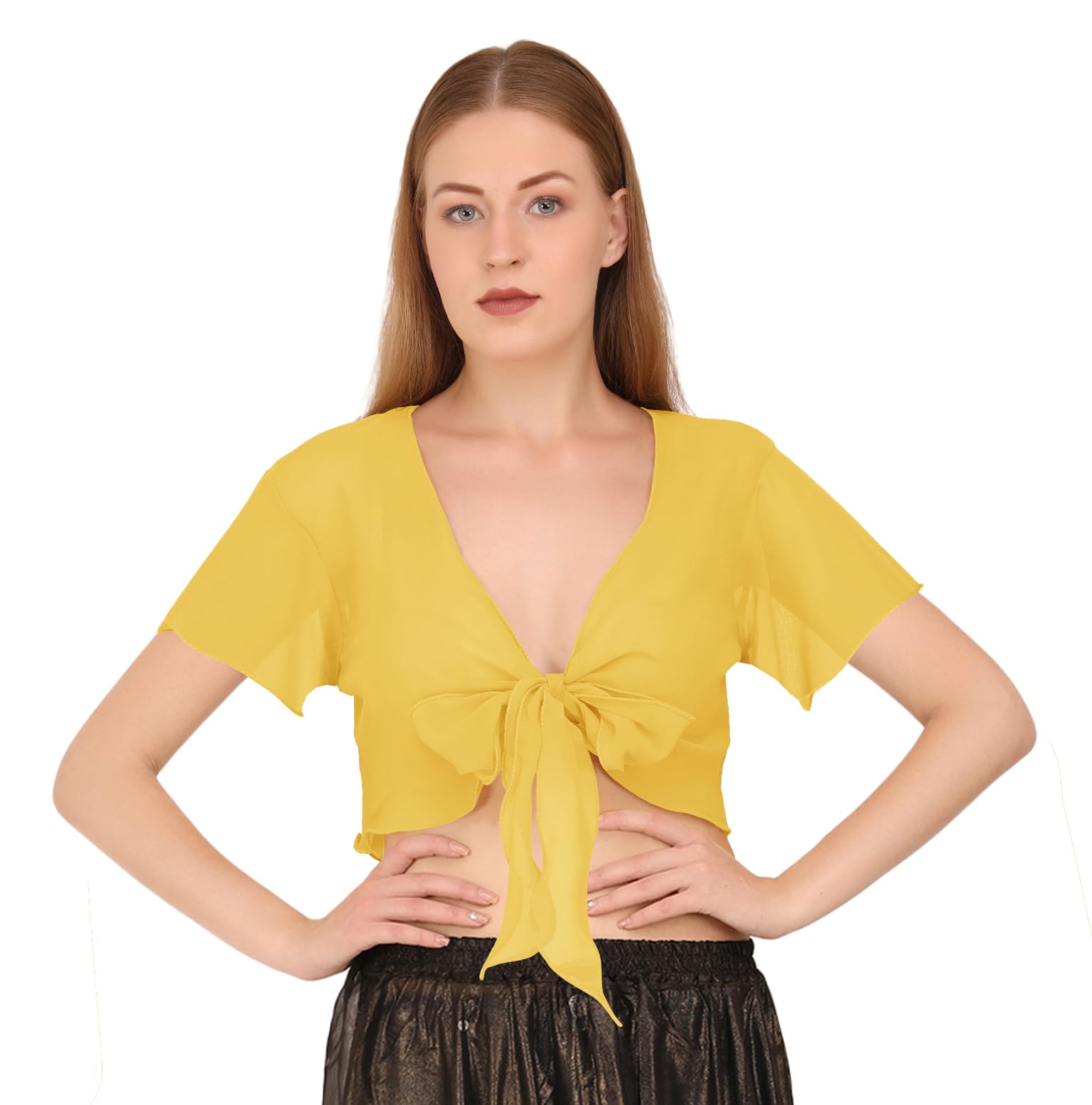 Indian Trendy Women's Chiffon Short Sleeve Tie Top Choli Blouse Belly Dance Gypsy Tie Front Cardigan Tops