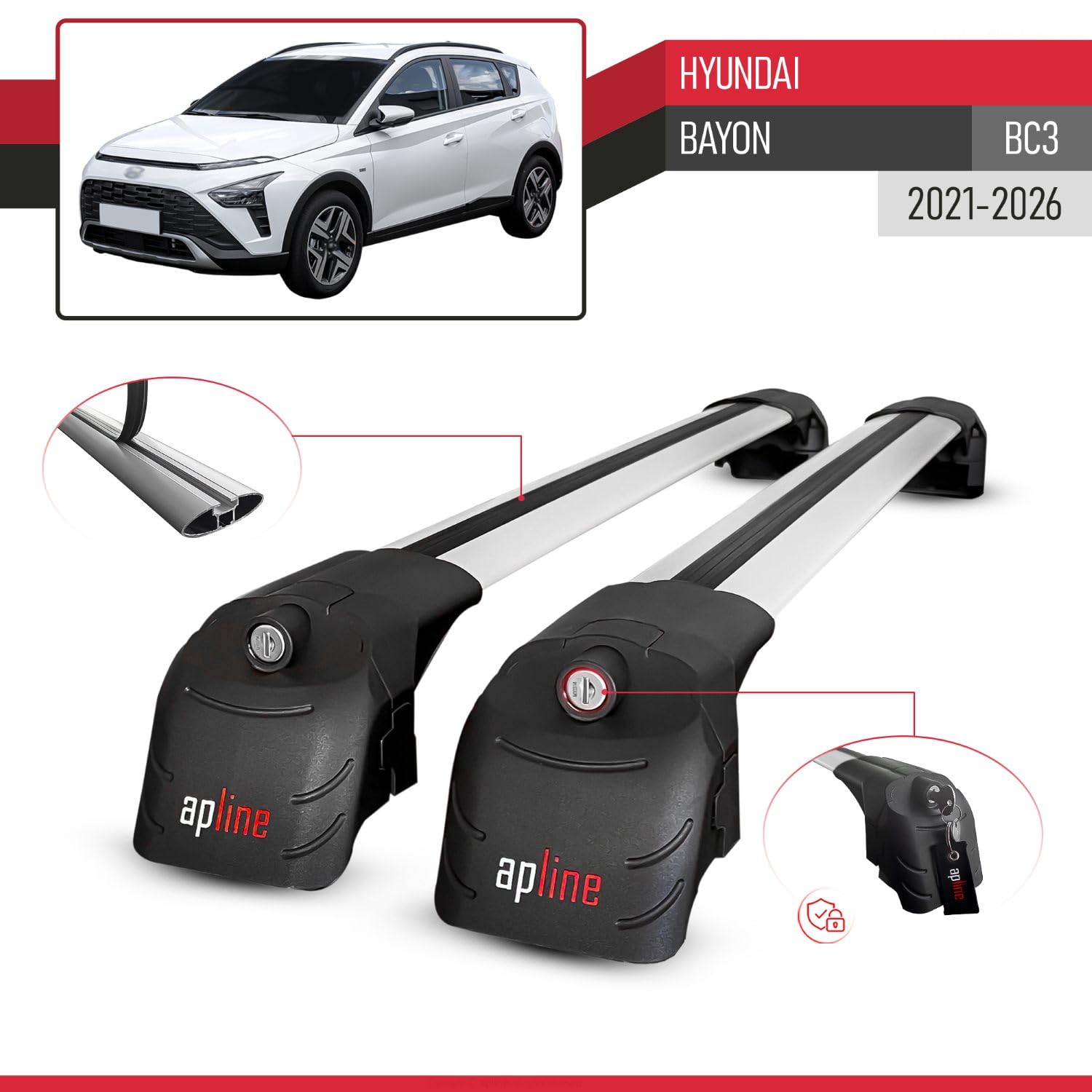 Compatibile con Hyundai Bayon (BC3) 2021-2026 Modello ACE-2 Barre Tetto Portapacchi Auto Barre Portatutto Grigio Alluminio 2 Barre