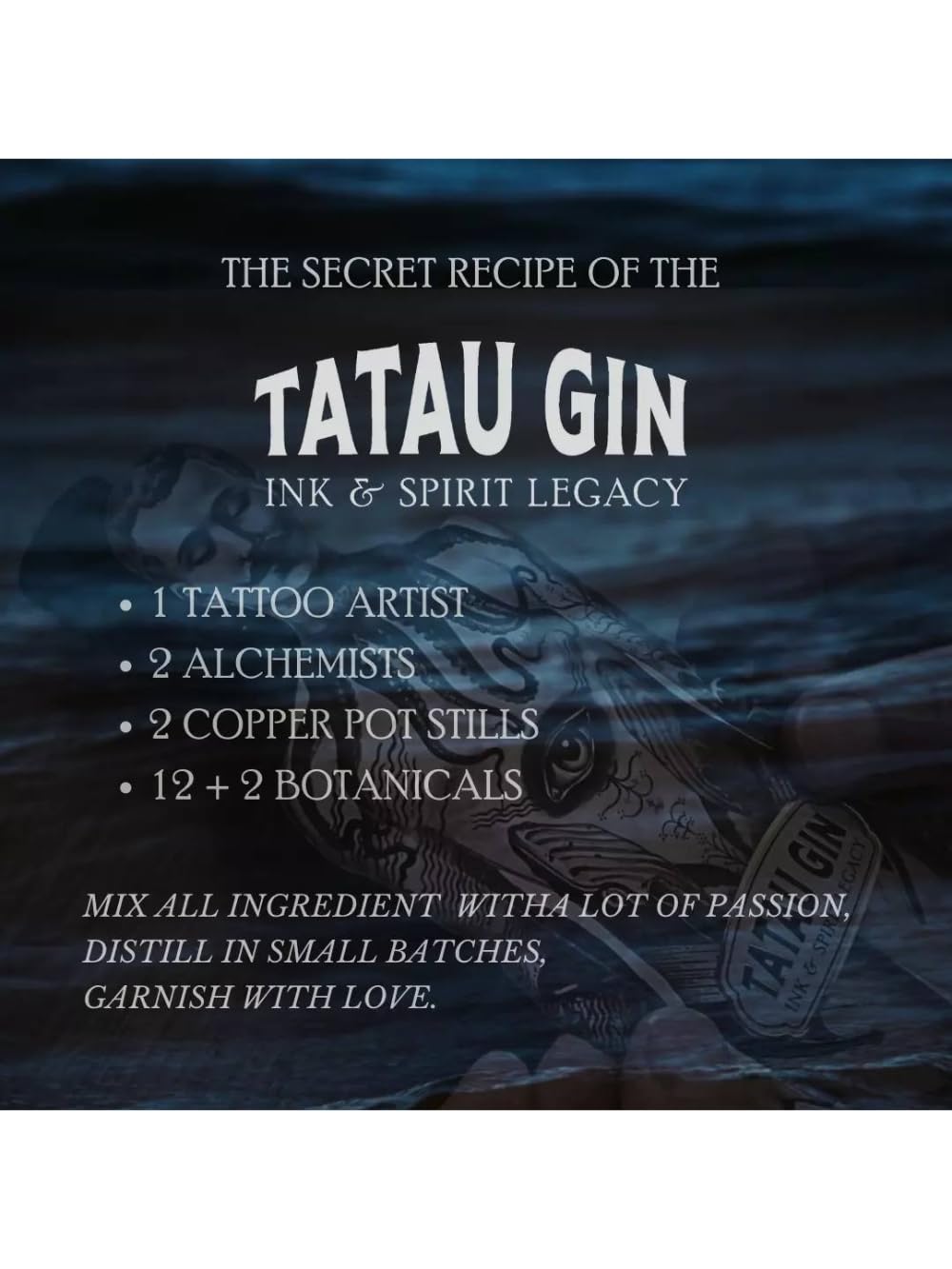 TATAU Gin 50 cl Premiato come Miglior Gin Al MONDO 2025 (Con Nero di Seppia e Alga Spirulina) L’estetica è firmata dall’artista Pietro Sedda - ARTE NEL GIN (Tatau) ARTE SULL’ETICHETTA (Tattoo) -