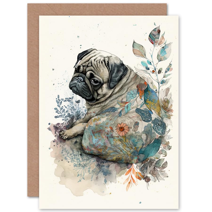 Pug Dog with Floral Pattern Modern Multicoloured Watercolour Illustration Art Birthday Sealed Greeting Card Plus Envelope Blank inside