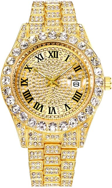 Montres Hip Hop pour hommes Iced-Out Bling Montres de luxe en quartz diamant avec date