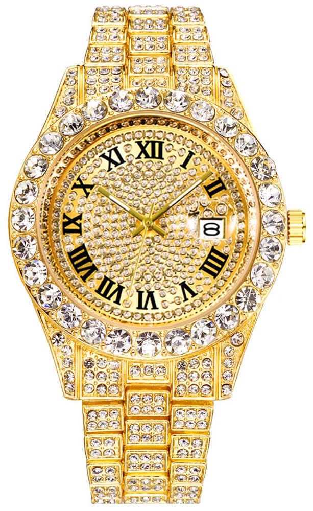 Hip Hop Watches for Men Iced-Out Bling Diamond Luxury Quartz Watches with Date