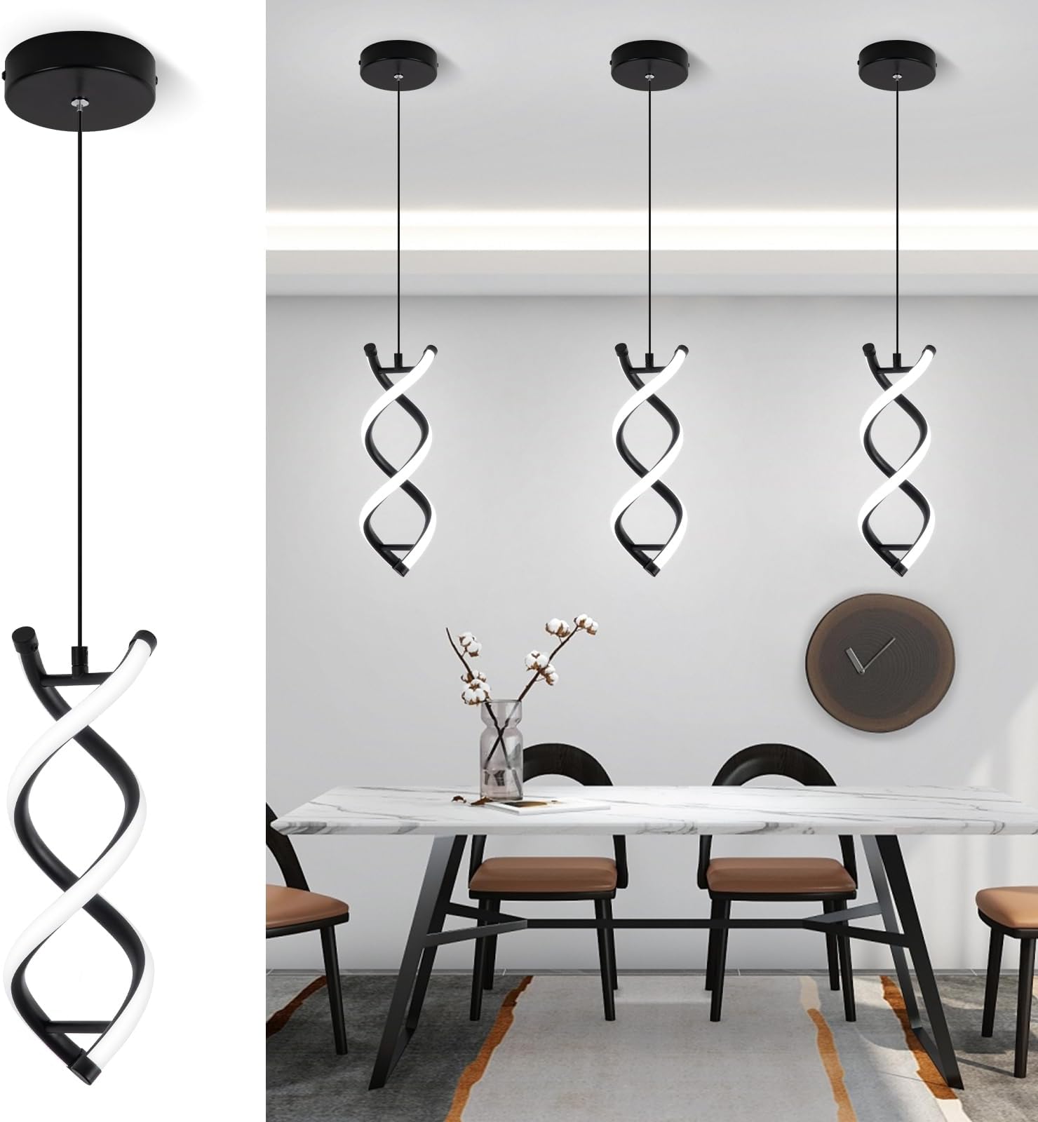 CANEOE Spiral Led Pendant Light Fixture,15W 6000K Modern Integrated LED Hanging Lamp, Adjustable Height Black Kitchen Island Light Fixture for Dining Room Bedroom Kitchen Sink, 1 Pack (Black)
