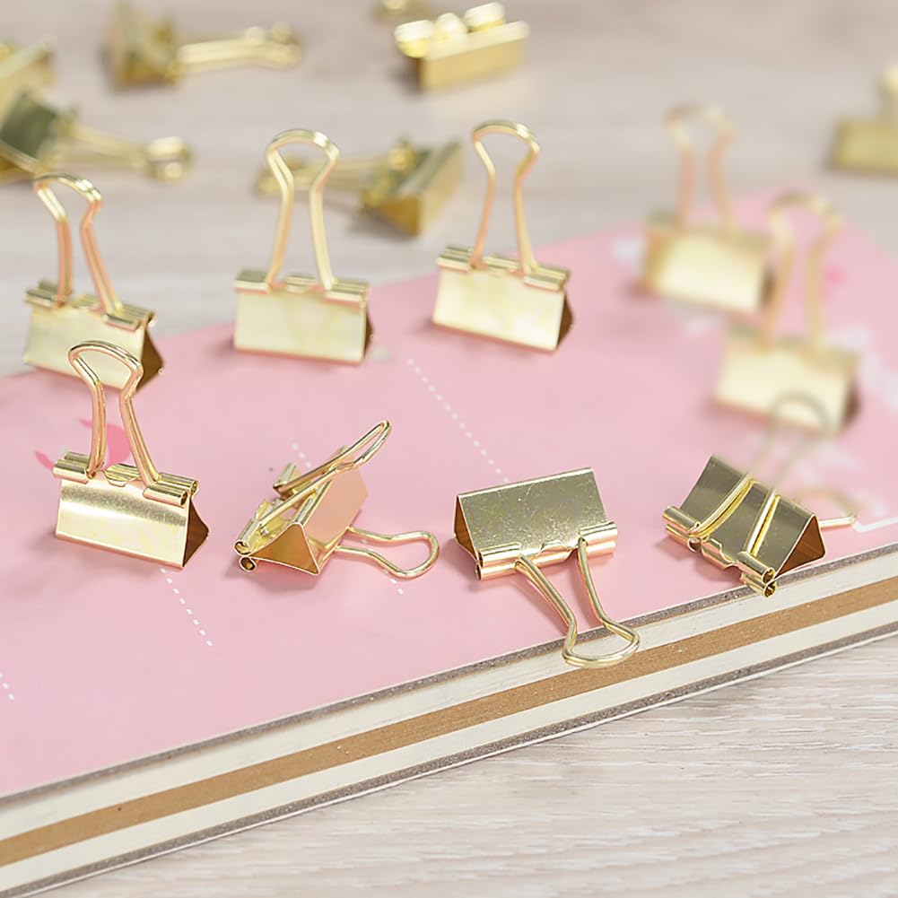 FSSTUD 100 Pcs 15mm Small Binder Clips Mini Paper Clamps Metal Document File Clamps Micro School Home Paper Clips Tiny Paperwork Clips for Office Business Supplies Golden - Image 2