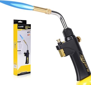 BLUEFIRE BTS-8090 Black Heavy Duty Gas Welding Torch Swirl Flame Head, Auto ON/OFF Trigger Start, Cast Aluminum Body, Compatible with MAPP/MAP-Pro/Propane, Portable Welding Nozzle for 1lb Tanks
