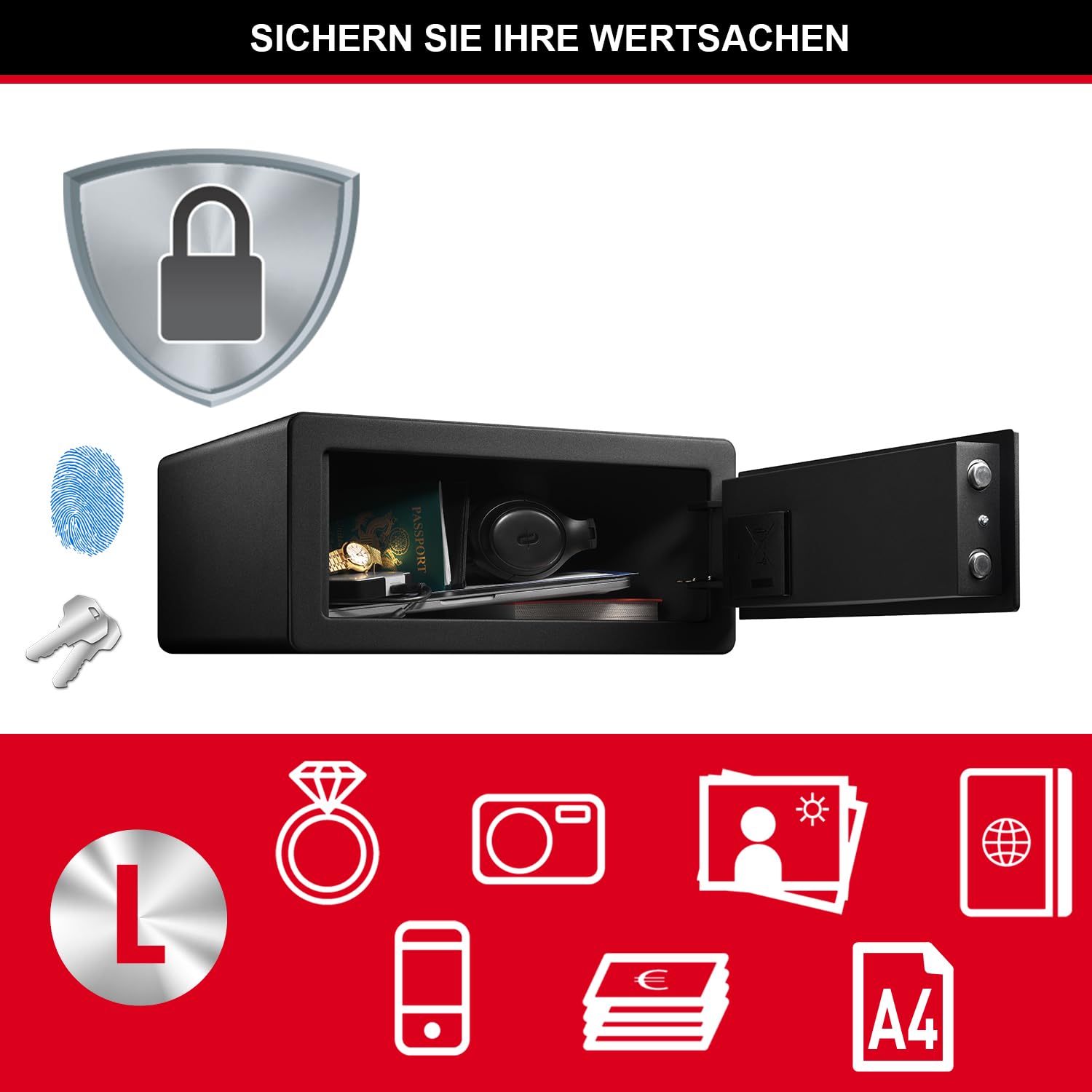 Master Lock Biometrischer Tresor mit Fingerabdruck, 19,5 x 43 x 37 cm