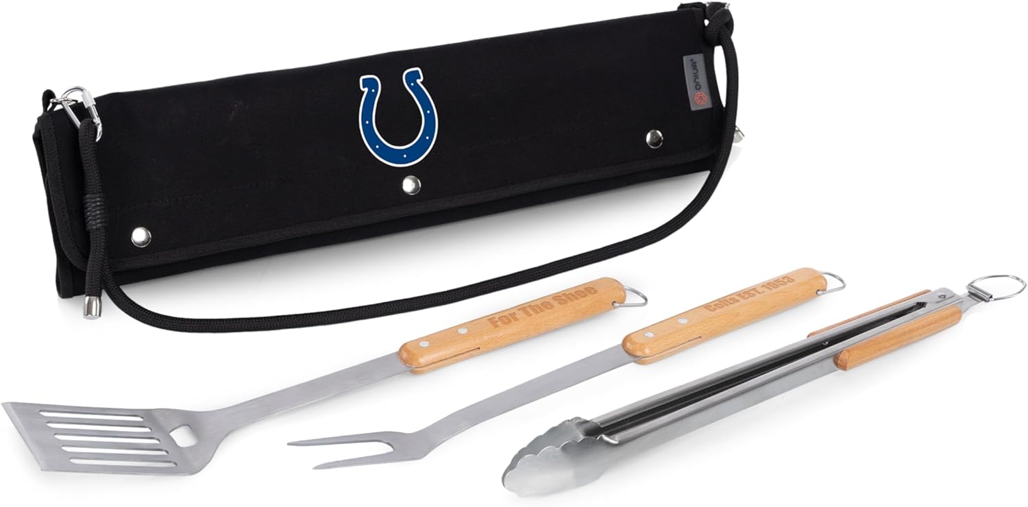 Picnic TIME NFL Indianapolis Colts BBQ Roll Up 3 Piece Set, BBQ Accessories with Beechwood Grill Tools, Grilling Accessories for Barbecue, BBQ Grill Set with Canvas Tote Carrier, (Black)