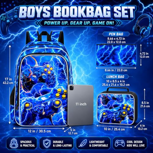 Image of 17 inch Gamer Backpack, Boys Lightning Kids Bookbag with Lunch Box, 3Pcs School Backpacks for Elementary Preschool Kindergarten (Blue)