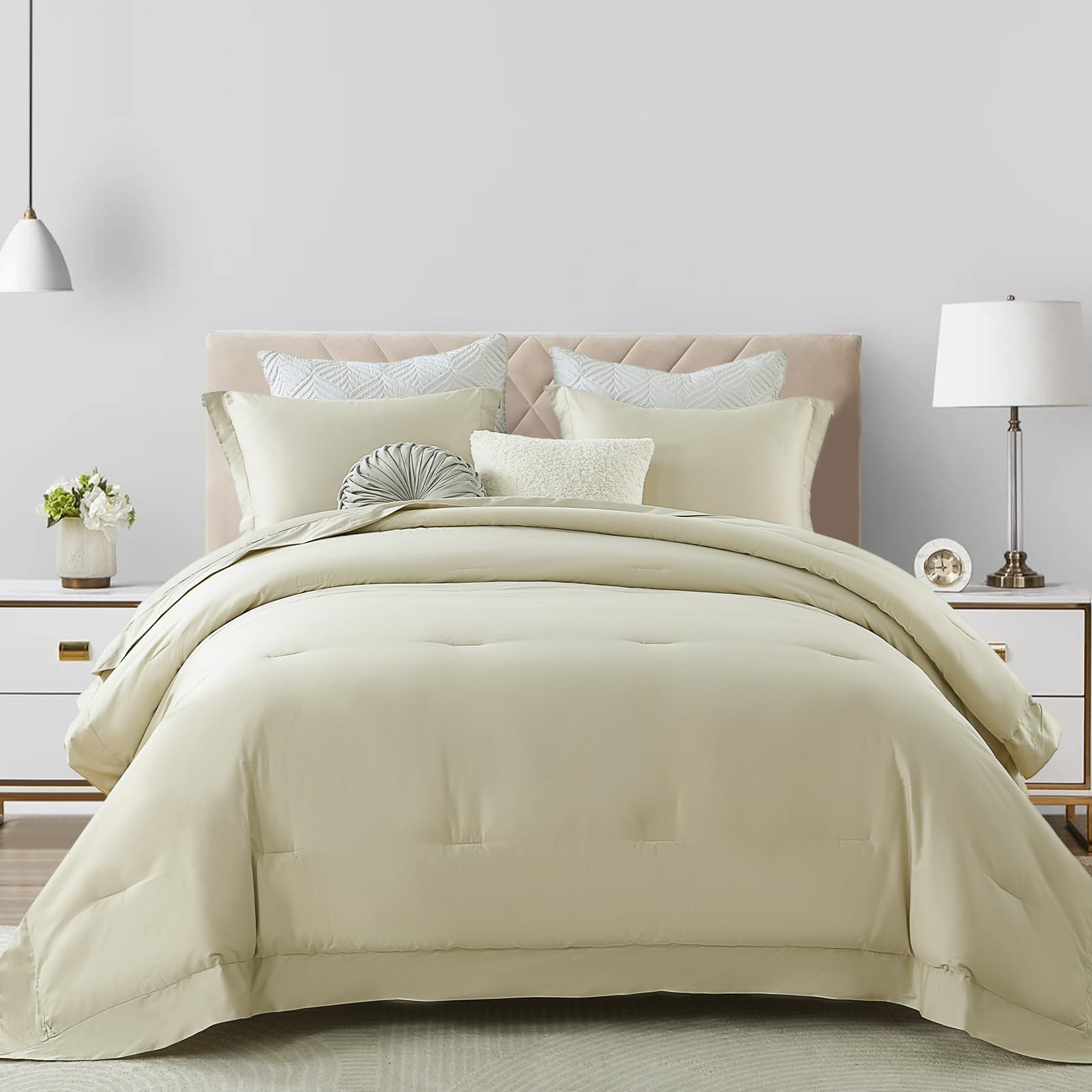 SahSahCasa Queen Comforter Set - Fluffy Quilted Comforter Bedding Set with Wide Border, 100% Cotton, Lightweight Quilted Comforter, 3pcs, Champagne Beige