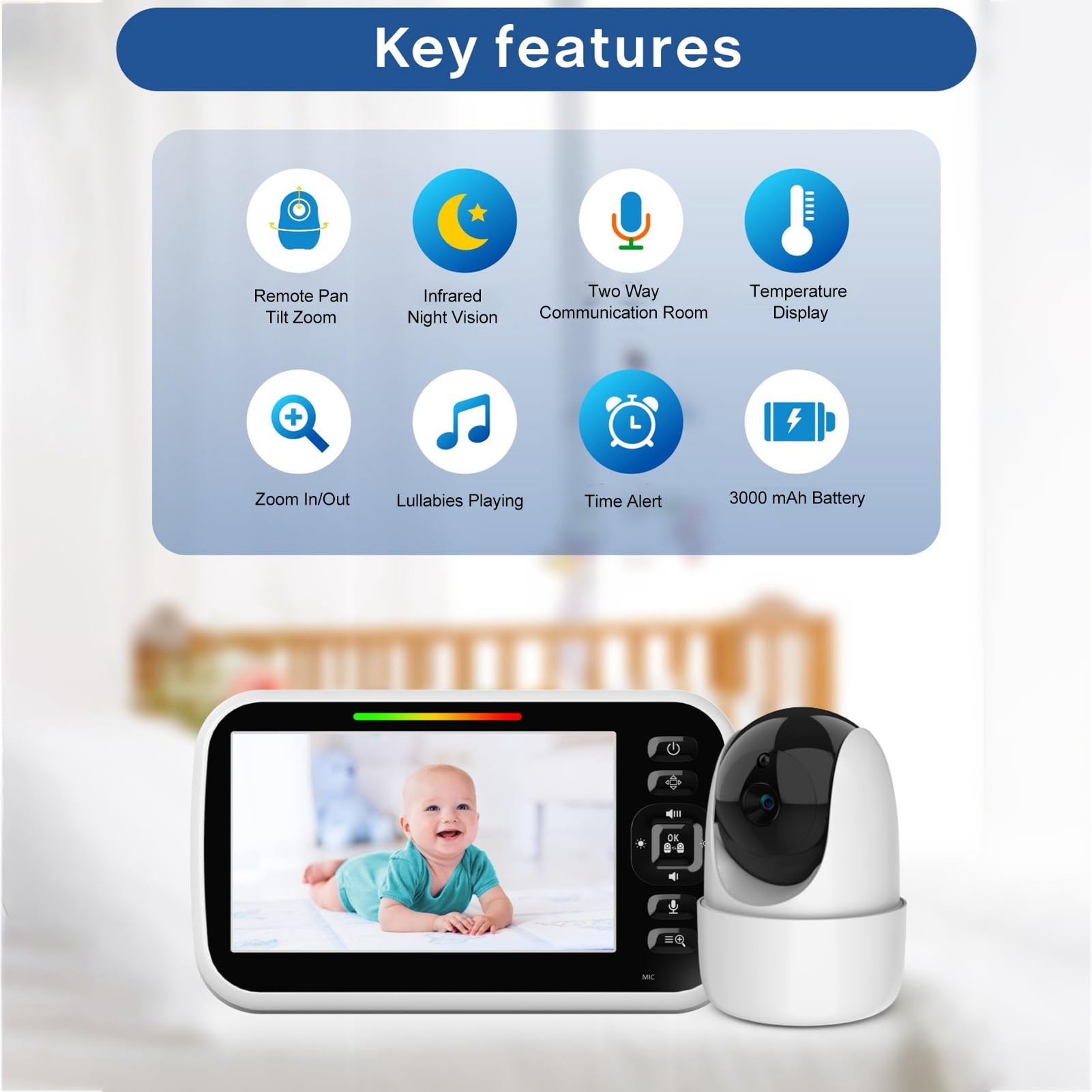 Niania, 5-calowy Bezprzewodowy Wyświetlacz LCD, Kamera Wideo dla Dzieci, Noktowizor Dwukierunkowa Sala Rozmów Kołysanki Monitorowanie Temperatury Wewnętrzny Monitor (Wtyczka UE)