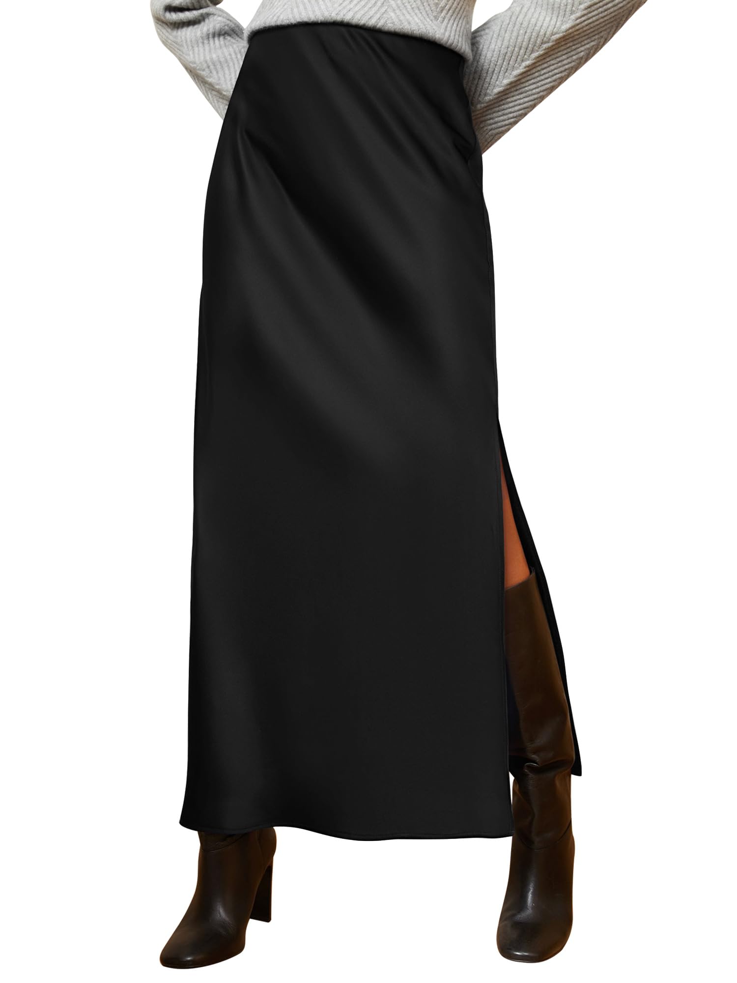 Ezcosplay Women Satin Silk Side Slit Maxi Skirt High Waisted Elastic Waist Silky Split Long Skirts