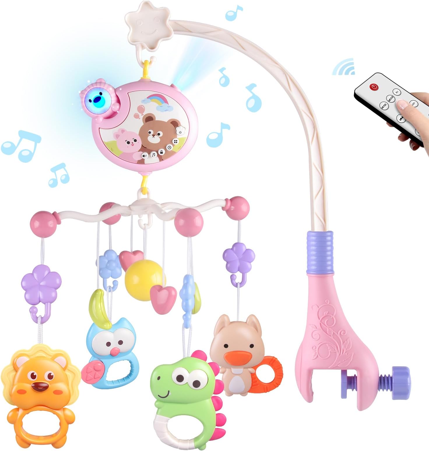 Crib Mobile with Music and Lights, Baby Mobiles for Cribs, Nursery Musical Mobile for Bassinets Toys Hanging Girls Boys, Pack and Play Space Portable Animal Mobile Hanger Arm Clip On Attachment