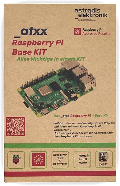 Nahaufnahme des _atxx Raspberry Pi 4 4GB Base Kit, das alle enthaltenen Komponenten zeigt.
