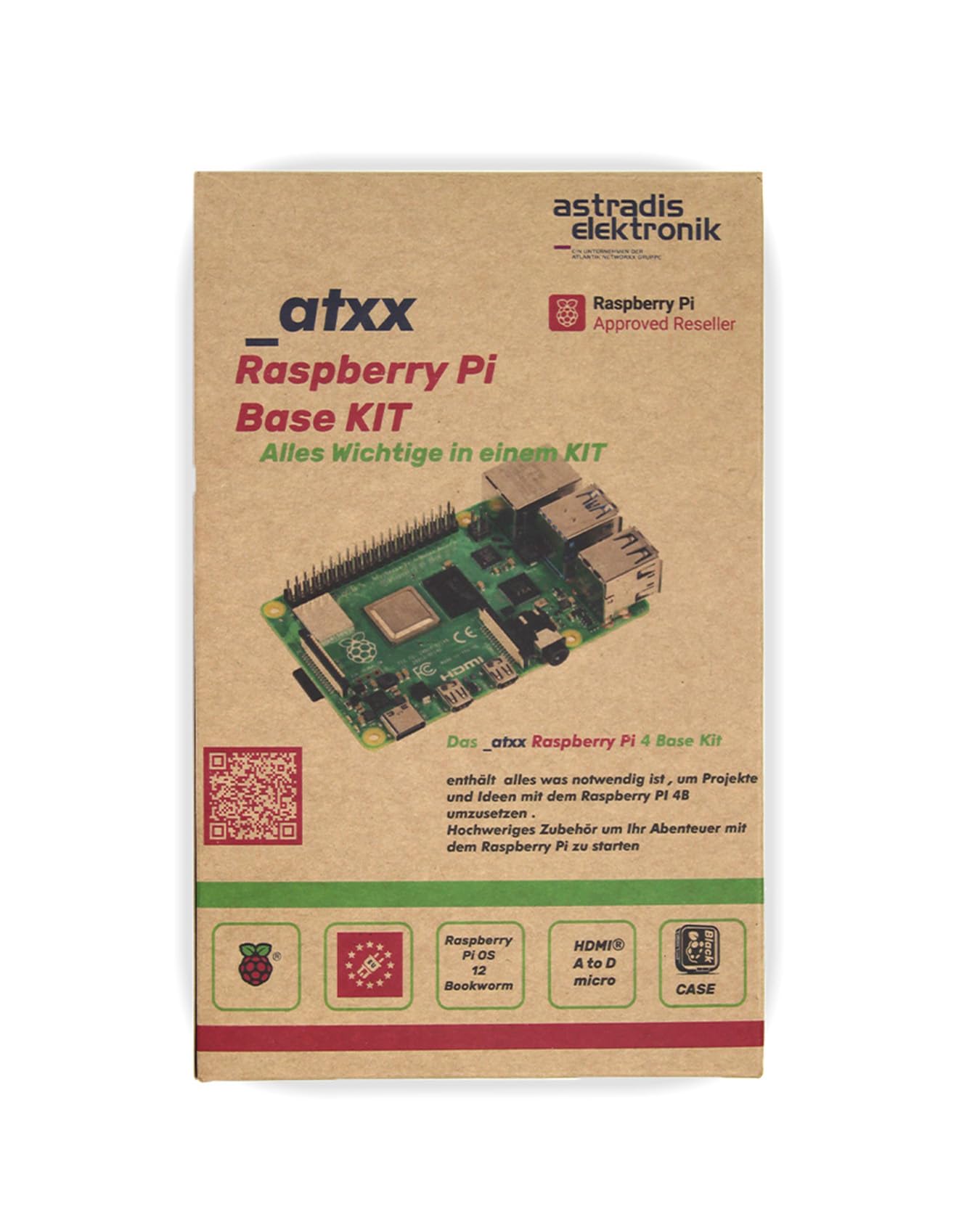 atxx Raspberry Pi 4 4GB Base Kit – Set Computer Single Board con Pi 4 (4GB), Case, Alimentatore, 2x Cavi Micro-HDMI (2m), OS Bookworm Preinstallato – Per Principianti e Maker