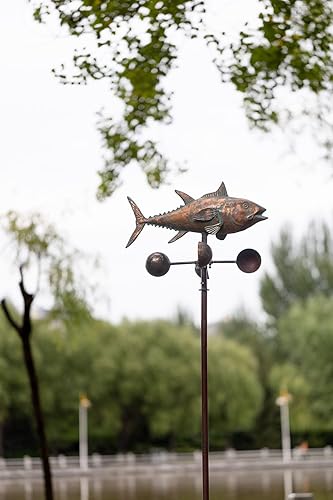Miniatura 2 de Molinillo de viento de atún de metal para exteriores, 70 x 21 pulgadas, escultura de viento de pez azul de metal grande, arte de patio, estatuas
