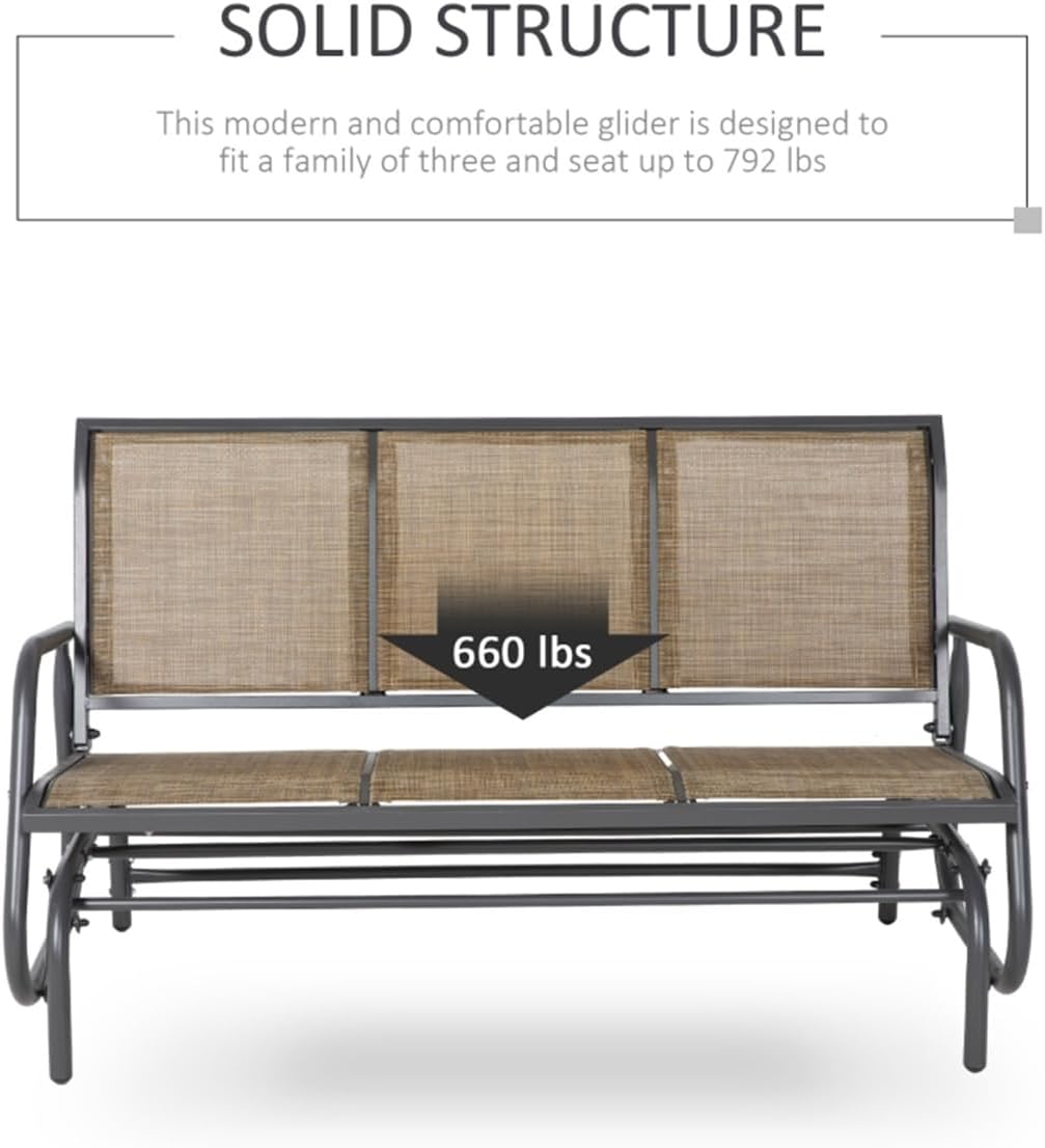 3-Person Patio Glider Bench, Outdoor Porch Glider Swing with 3 Seats, Breathable Mesh Fabric, Metal Frame, for Garden Porch Backyard (Light Mixed Brown, Gray)