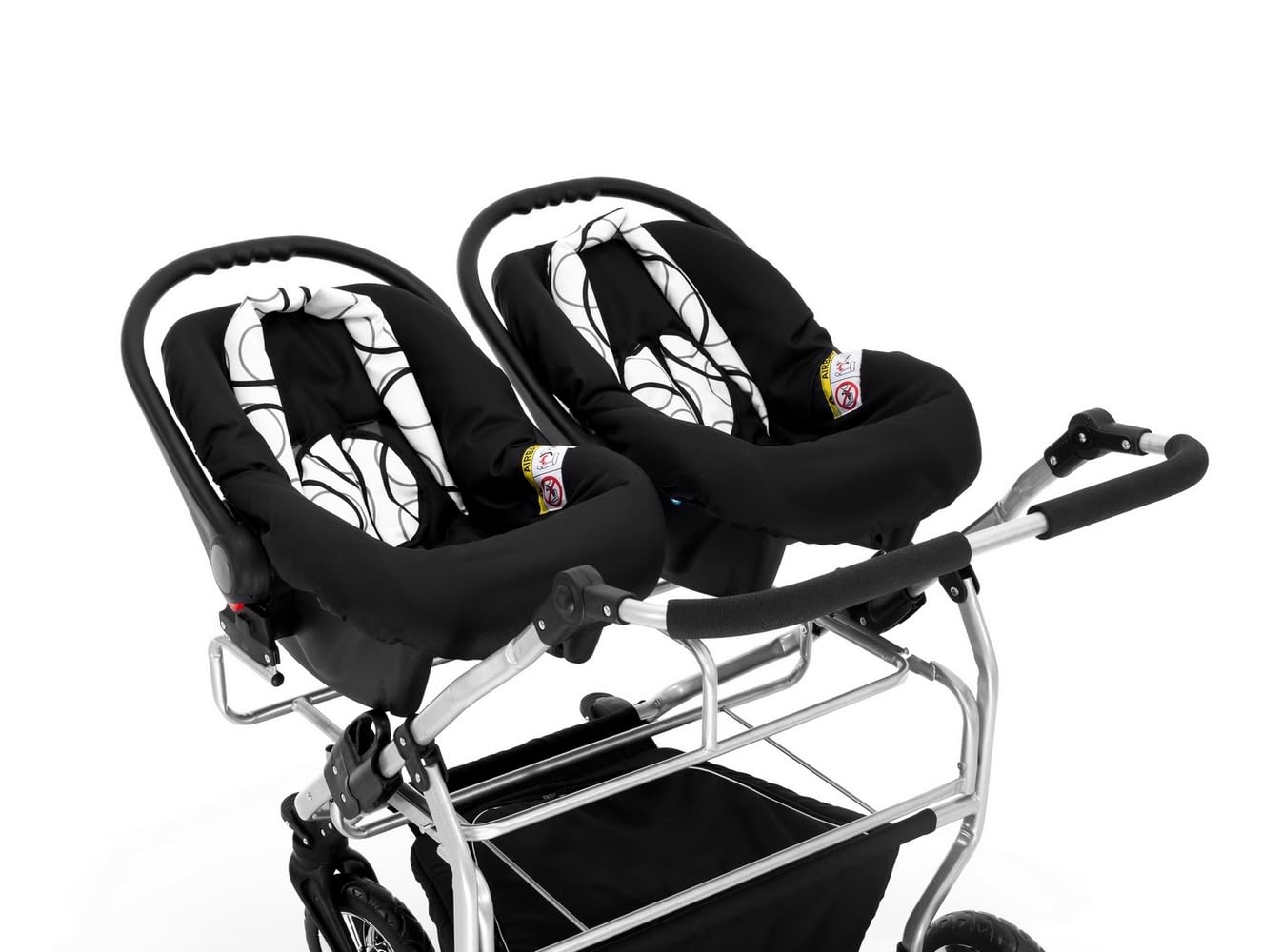 Passeggino gemellare 3 in 1. Passeggino e accessori in 3 pezzi: 2 navicelle + 2 passeggini + 2 ovetti + accessori. BBtwin DUET TRIO graphite