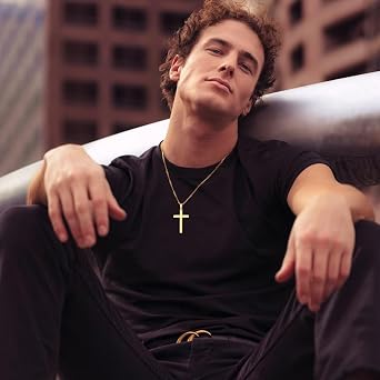 Stainless Steel Cross Pendant Necklace for Men Boys, Silver/Gold/Black Chain Cross Necklace Jewellery Easter Confirmation Baptism Birthday Christain Gifts for Him