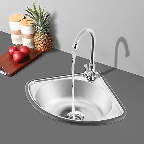 Miniatura 5 de Fregadero de caída con grifo y tubo de entrada, fregadero de cocina de acero inoxidable de esquina triangular para cocina y baño, lavabo de encimera