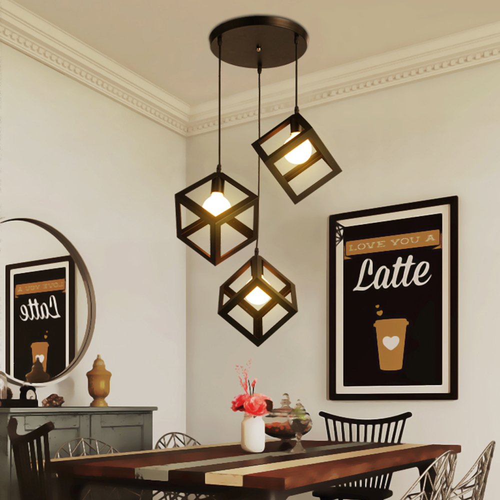 STOEX Lustre Suspension Industrielle Vintage Cage Cube en Métal Fer Noir
