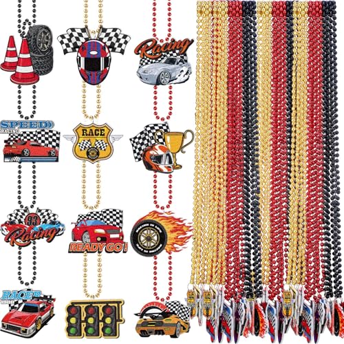 RoundFunny 36 Pcs Race Car Beaded Necklaces Bulk Racing Car Theme Party Favor Gold Black Red Racecar Necklaces Photo Props for Birthday Baby Shower Party Supplies