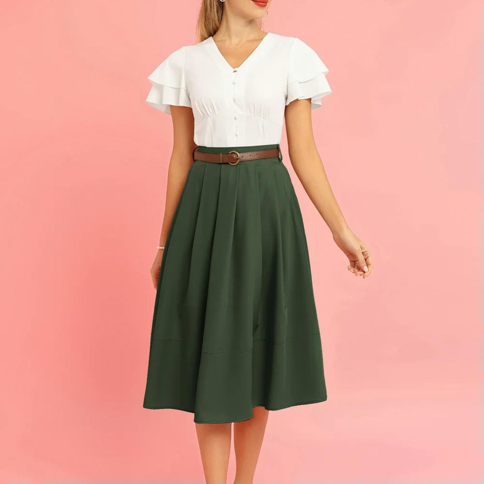 Gonna Midi con Tasche da Donna, Gonna Elasticizzata con Orlo a Pieghe a Vita Alta con Cintura, Elegante da Donna-Army Green-XL
