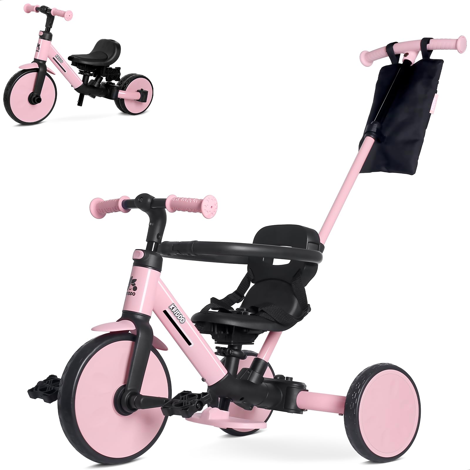 KRIDDO Triciclo Evolutivo 7 en 1 para Niños de 18 Meses a 5 Años – con Barra de Empuje, Triciclo y Bicicleta con o sin Pedales, Arnés de 3 Puntos, Bolsa de Almacenamiento, Rosa