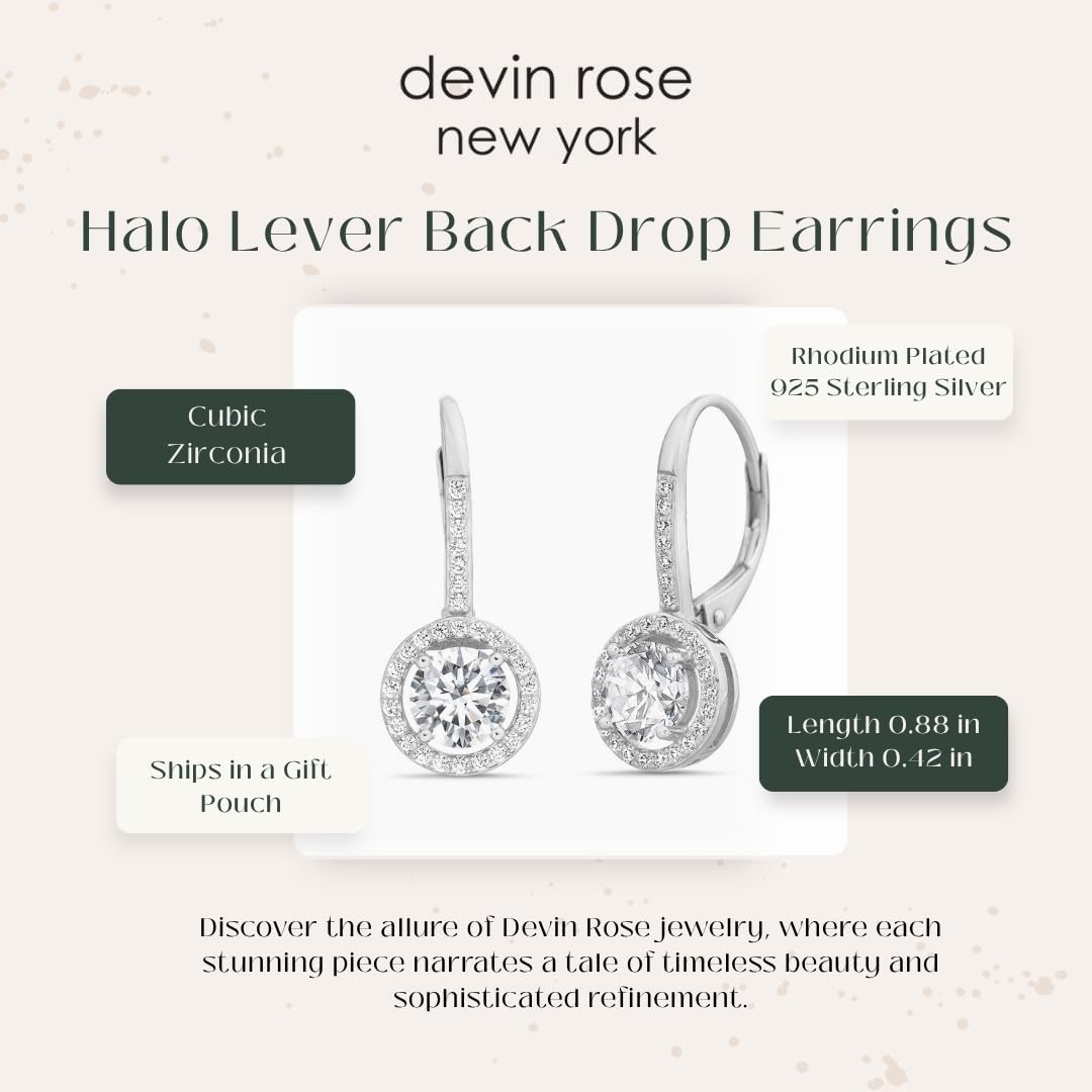 Devin Rose Cubic Zirconia Halo Lever Back Drop Earrings for Women 925 Sterling Silver - Image 3