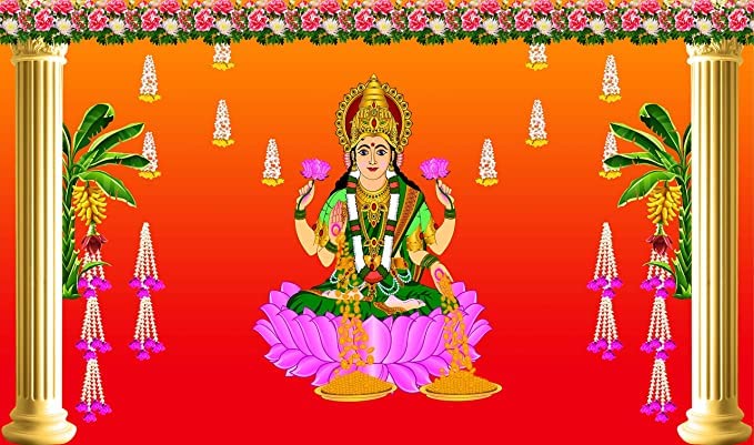 Ashvath Banana Tree with Goddess Lakshmi Maa Design Backdrop Cloth for Diwali Pooja Decoration Traditional Background Curtain Cloth for Festival Size 5 Feet Height and 8 Feet Width(5 * 8)