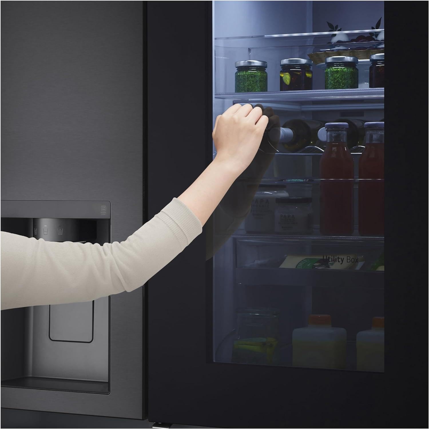 LG GSXV90MCDE Side-by-Side Kühlschrank mit Gefrierfach (628 L, Energieklasse D) mit InstaView, Door-in-Door, Craft Ice, Eis- und Wasserspender, Total No Frost, Schwarz