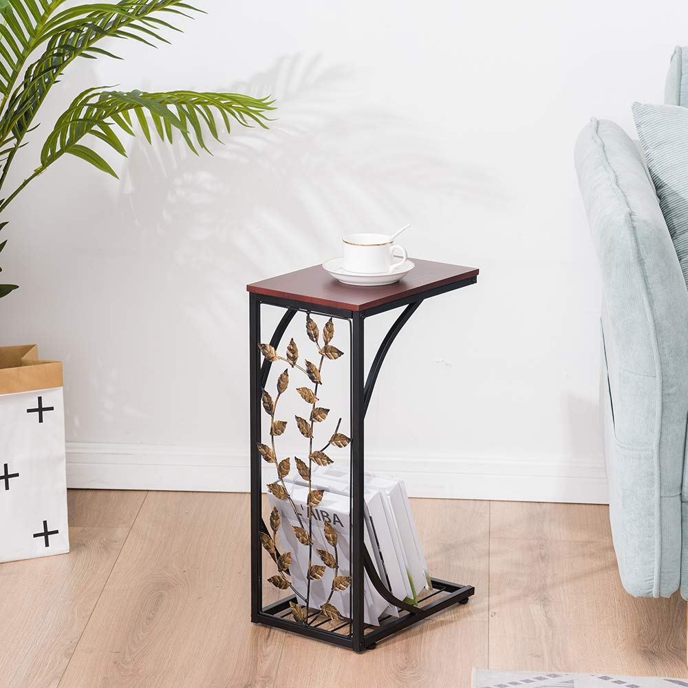 Bonnlo Side Table with Leaf Pattern, C-Shaped Sofa Side Table, Snack End Table, Laptop Holder Table- Rustic Brown Desktop for Home, Room, Office 30.5 x 21 x 54cm