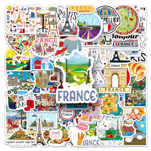 Nation: France Stickers - 50 PC Paris Vinyl Decals for Laptop, Water Bottle, Planner, Skateboard, Gift & Party Supplies