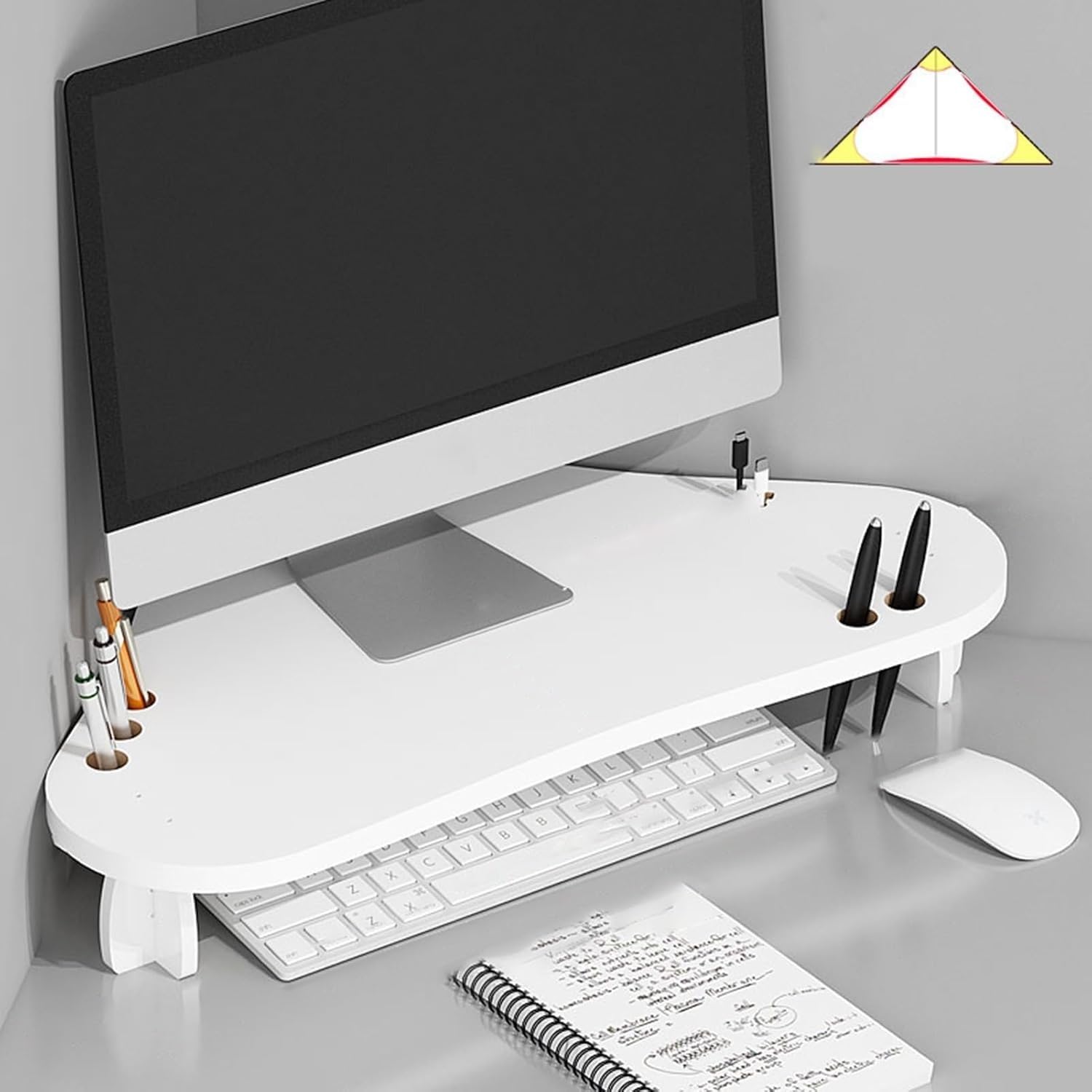 Podstawka pod monitor komputerowy/trójkątny, narożne białe podstawki z uchwytami na długopisy i otworem na kabel, ergonomiczna trójkątna półka na biurko